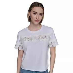 Karl Lagerfeld White Lace-Trim Short Sleeve Tee NWT LARGE